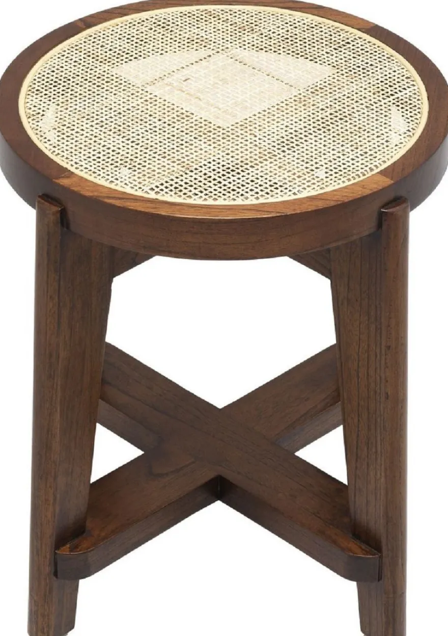 Casa Padrino Luxus Hocker Braun / Naturfarben Ø 44,5 x H. 47 cm - Runder Massivholz Sitzhocker mit Rattangeflecht - Wohnzimmer Möbel