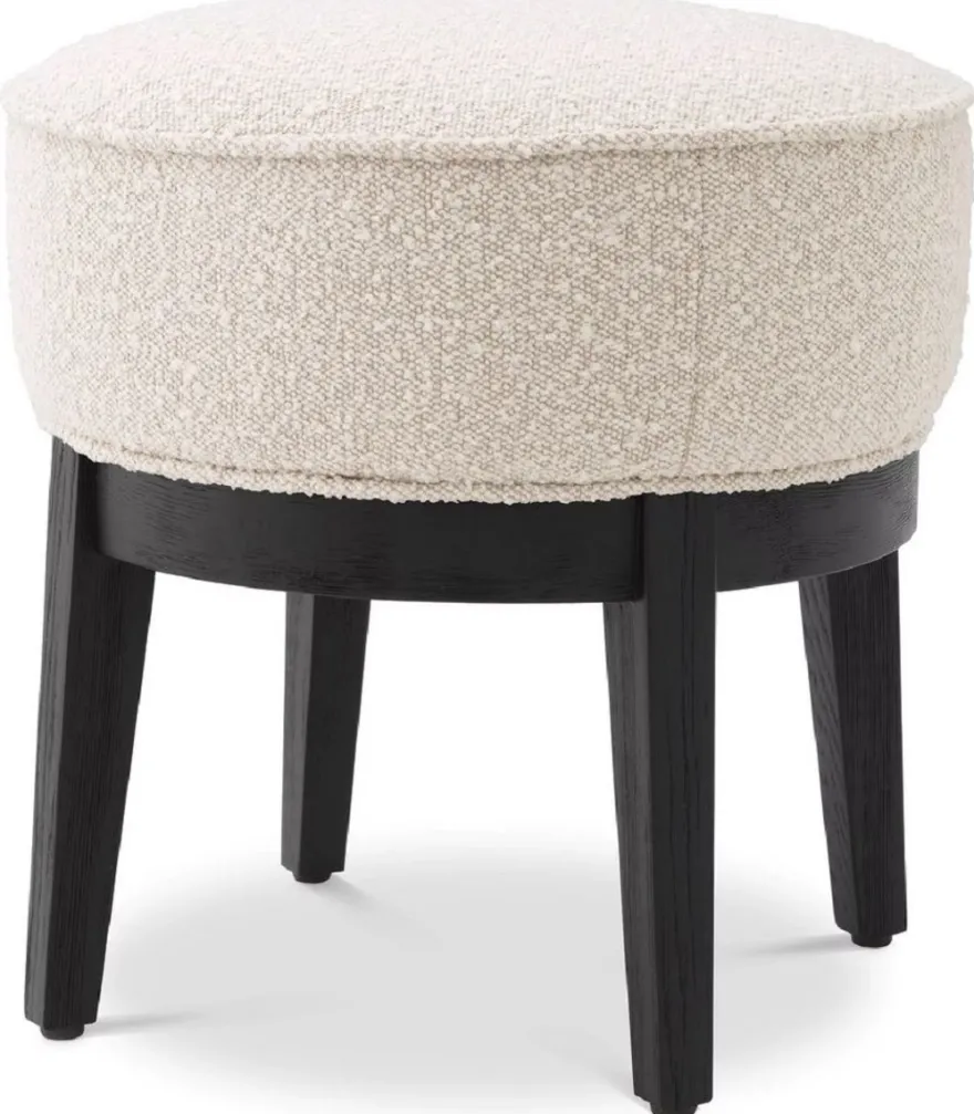 Casa Padrino Luxus Hocker Cremefarben / Schwarz Ø 45,5 x H. 47 cm - Runder Wohnzimmer Sitzhocker - Moderner Rundhocker - Luxus Möbel