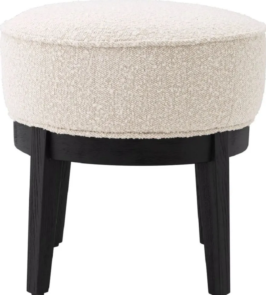 Casa Padrino Luxus Hocker Cremefarben / Schwarz Ø 45,5 x H. 47 cm - Runder Wohnzimmer Sitzhocker - Moderner Rundhocker - Luxus Möbel