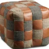 Casa Padrino Luxus Hocker Grau / Beige / Braun 45 x 45 x H. 45 cm - Sitzhocker in Würfelform mit Echtleder - Fußhocker - Wohnzimmer Möbel