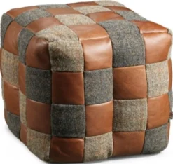 Casa Padrino Luxus Hocker Grau / Beige / Braun 45 x 45 x H. 45 cm - Sitzhocker in Würfelform mit Echtleder - Fußhocker - Wohnzimmer Möbel
