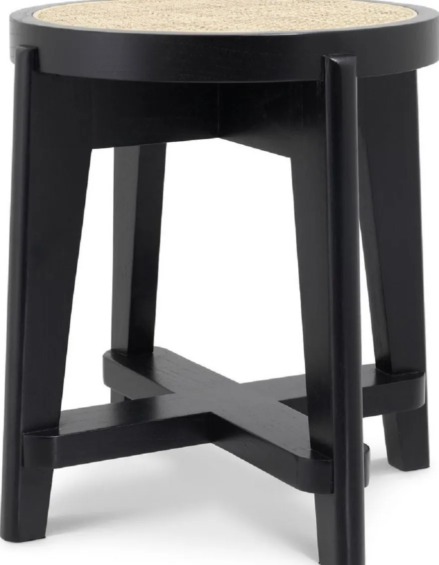 Casa Padrino Luxus Hocker Schwarz / Naturfarben Ø 44,5 x H. 47 cm - Runder Massivholz Sitzhocker mit Rattangeflecht - Wohnzimmer Möbel