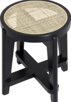 Casa Padrino Luxus Hocker Schwarz / Naturfarben Ø 44,5 x H. 47 cm - Runder Massivholz Sitzhocker mit Rattangeflecht - Wohnzimmer Möbel