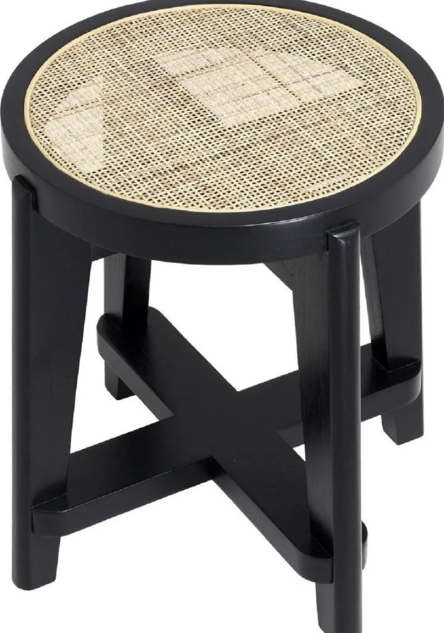 Casa Padrino Luxus Hocker Schwarz / Naturfarben Ø 44,5 x H. 47 cm - Runder Massivholz Sitzhocker mit Rattangeflecht - Wohnzimmer Möbel