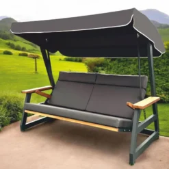 Casa Padrino Luxus Hollywoodschaukel Anthrazit / Braun 226 cm - Exklusive Gartenschaukel für 4 Personen mit Sonnendach