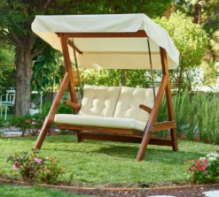Casa Padrino Luxus Hollywood Schaukel Cremefarben / Braun - Moderne Wetterfeste Garten Schaukel mit Sonnendach - Terrassen Möbel - Garten Möbel