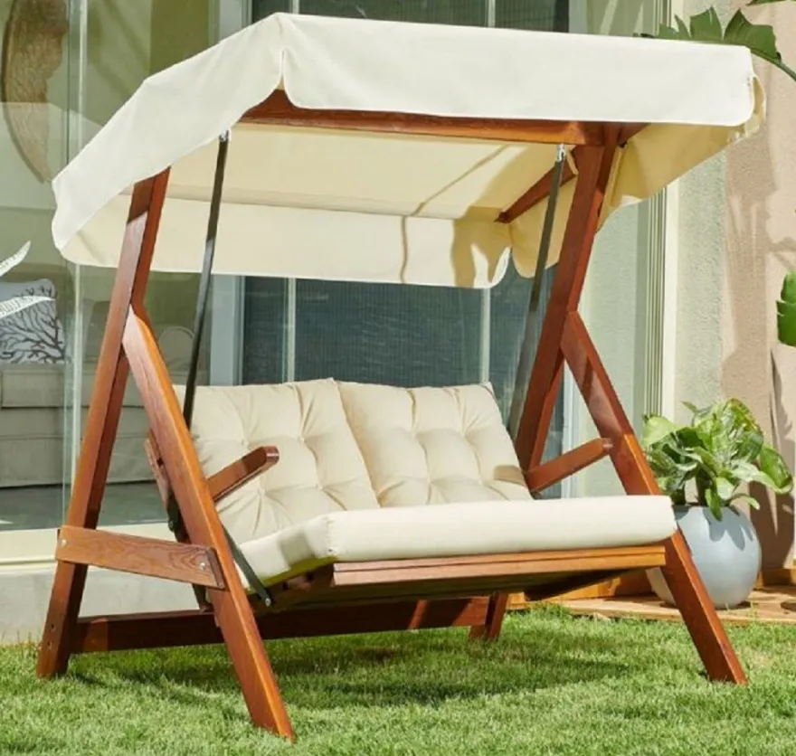 Casa Padrino Luxus Hollywood Schaukel Cremefarben / Braun - Moderne Wetterfeste Garten Schaukel mit Sonnendach - Terrassen Möbel - Garten Möbel