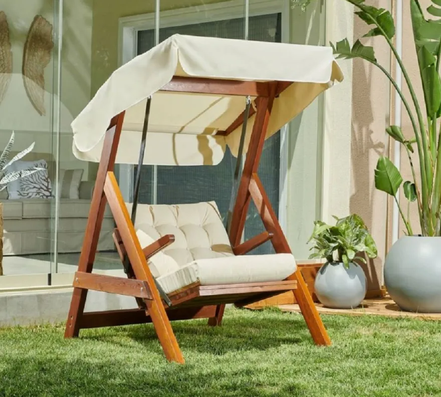 Casa Padrino Luxus Hollywood Schaukel Cremefarben / Braun - Moderne Wetterfeste Garten Schaukel mit Sonnendach - Terrassen Möbel - Garten Möbel - Luxus Kollektion