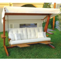 Casa Padrino Luxus Hollywood Schaukel Creme / Braun - Wetterfeste Garten Schaukel mit Sonnendach - Garten Terrassen Hotel Möbel - Luxus Qualität