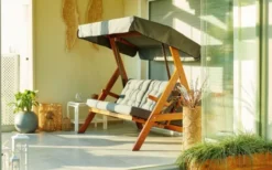 Casa Padrino Luxus Hollywood Schaukel Grün / Braun - Wetterfeste Garten Schaukel mit Sonnendach - Terrassen Möbel - Garten Möbel - Luxus Möbel