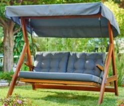 Casa Padrino Luxus Hollywood Schaukel Blau / Braun - Wetterfeste Garten Schaukel mit Sonnendach - Terrassen Möbel - Garten Möbel - Luxus Möbel - Luxus Garten Einrichtung