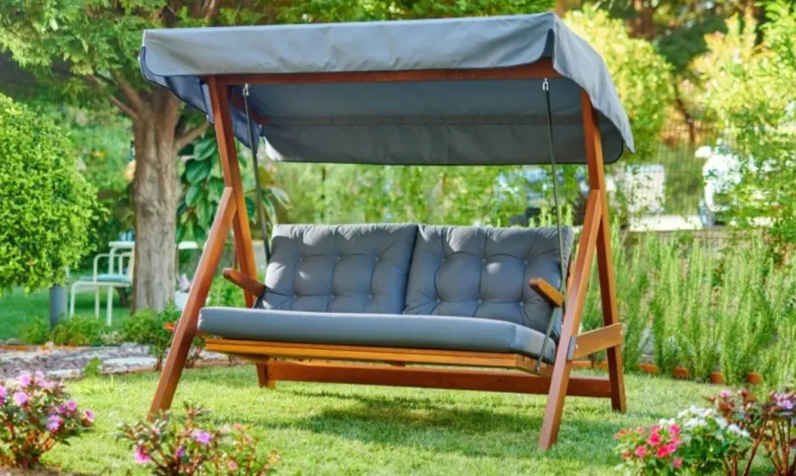 Casa Padrino Luxus Hollywood Schaukel Blau / Braun - Wetterfeste Garten Schaukel mit Sonnendach - Terrassen Möbel - Garten Möbel - Luxus Möbel - Luxus Garten Einrichtung