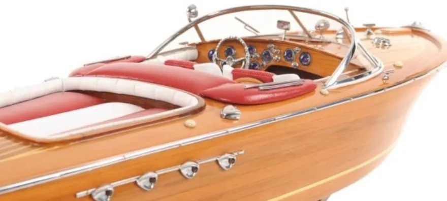 Casa Padrino Luxus Holzboot Speedboot Naturfarben / Rot / Weiß 64 cm - Handgefertigtes Deko Modellboot Schiff Boot