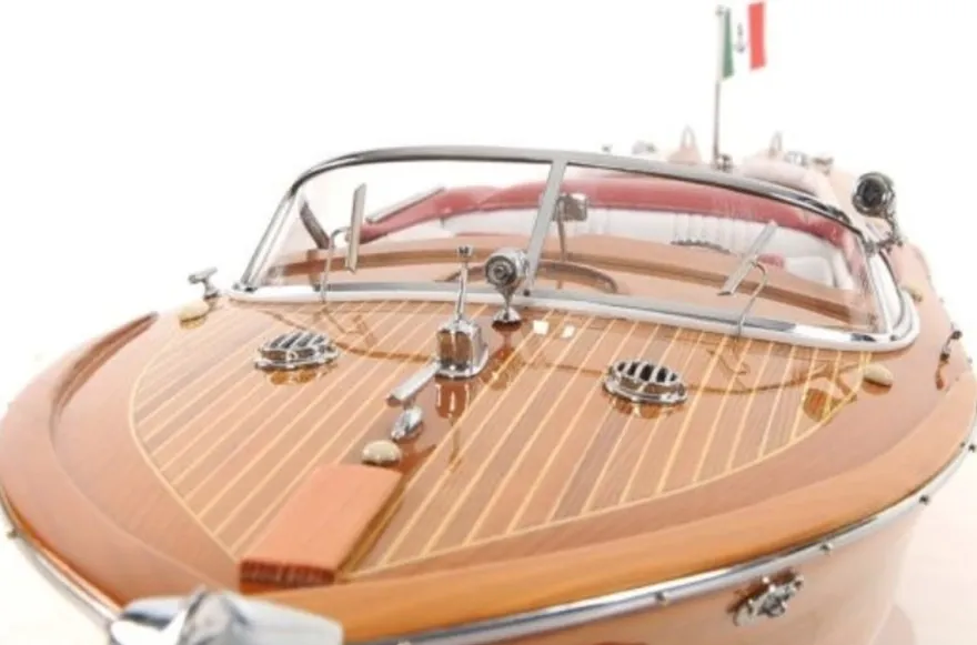Casa Padrino Luxus Holzboot Speedboot Naturfarben / Rot / Weiß 64 cm - Handgefertigtes Deko Modellboot Schiff Boot