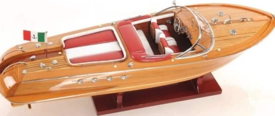 Casa Padrino Luxus Holzboot Speedboot Naturfarben / Rot / Weiß 64 cm - Handgefertigtes Deko Modellboot Schiff Boot