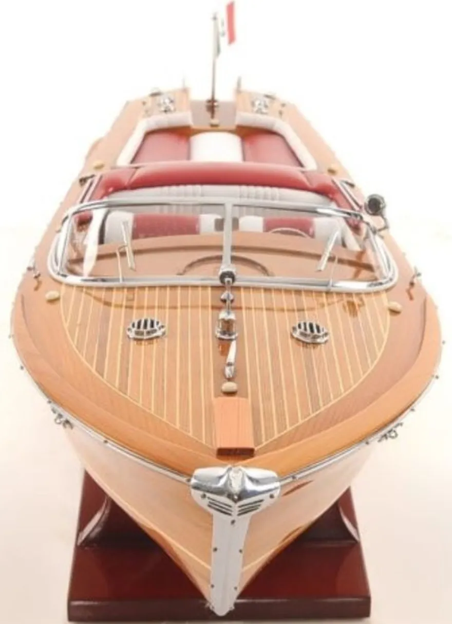 Casa Padrino Luxus Holzboot Speedboot Naturfarben / Rot / Weiß 64 cm - Handgefertigtes Deko Modellboot Schiff Boot