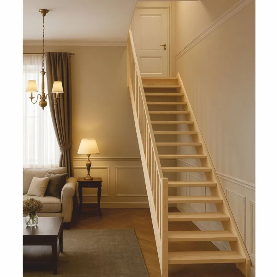 Casa Padrino Luxus Holztreppe mit Geländer linke Seite Naturfarben H. 307 cm