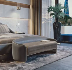 Casa Padrino Luxus Hotel Sitzbank Grau / Braun / Gold 128 x 45 x H. 40 cm - Hotel Möbel - Luxus Qualität - Made in Italy
