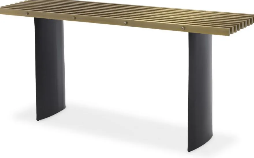 Casa Padrino Luxus Industrial Design Konsole Messingfarben / Schwarz 160 x 42,5 x H. 76 cm - Industrie Stil Konsolentisch mit Metallgitter Tischplatte und ellipsenförmigen Tischbeinen - Luxus Qualität