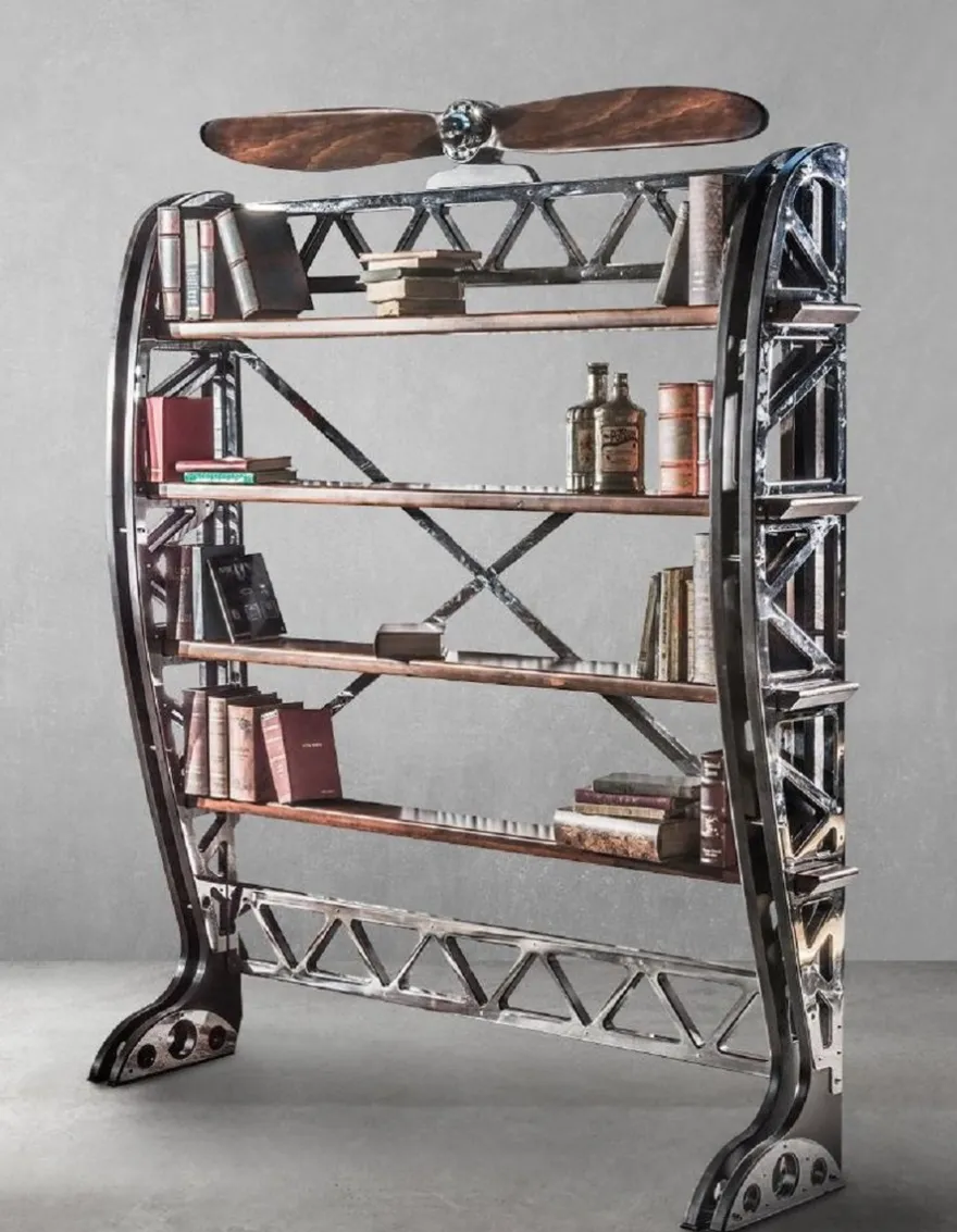 Casa Padrino Luxus Industrie Stil Bücherschrank Silber / Schwarz / Braun 171 x 29,5 x H. 208,5 cm - Metall Schrank mit dekorativem Flugzeug Propeller - Büroschrank - Luxus Industrie Stil Möbel
