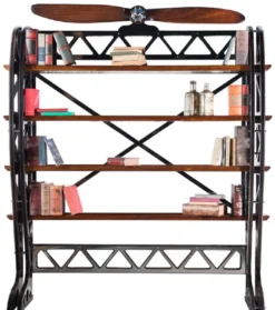 Casa Padrino Luxus Industrie Stil Bücherschrank Silber / Schwarz / Braun 171 x 29,5 x H. 208,5 cm - Metall Schrank mit dekorativem Flugzeug Propeller - Büroschrank - Luxus Industrie Stil Möbel