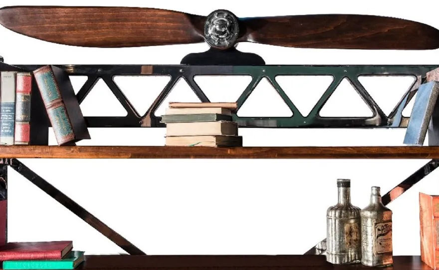 Casa Padrino Luxus Industrie Stil Bücherschrank Silber / Schwarz / Braun 171 x 29,5 x H. 208,5 cm - Metall Schrank mit dekorativem Flugzeug Propeller - Büroschrank - Luxus Industrie Stil Möbel