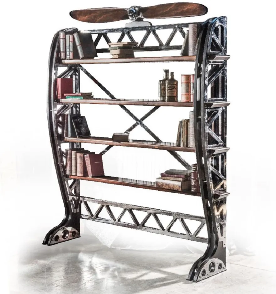 Casa Padrino Luxus Industrie Stil Bücherschrank Silber / Schwarz / Braun 171 x 29,5 x H. 208,5 cm - Metall Schrank mit dekorativem Flugzeug Propeller - Büroschrank - Luxus Industrie Stil Möbel