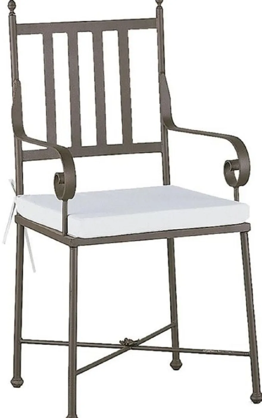 Casa Padrino Luxus Jugendstil Gartenstuhl Set mit Armlehnen und Sitzkissen Braun / Weiß 47 x 50 x H. 103 cm - Handgeschmiedete Esszimmer Stühle - Esszimmer Garten Terrassen Möbel
