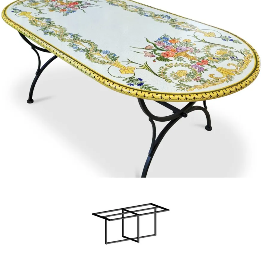 Casa Padrino Luxus Jugendstil Gartentisch Blumenbouquet 200 × 100 cm - Ovaler Esstisch aus handbemaltem Lavastein - Gastronomie Möbel - Made in Italy