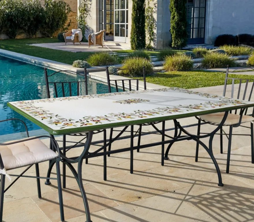 Casa Padrino Luxus Jugendstil Gartentisch Olivenzweige 200 × 100 cm - Rechteckiger Esstisch aus handbemaltem Lavastein - Gastronomie Möbel - Made in Italy