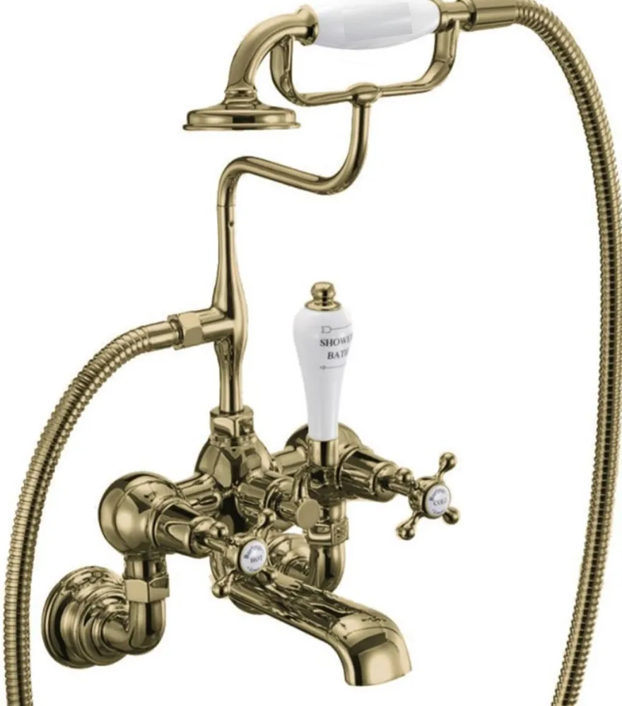 Casa Padrino Luxus Jugendstil Aufputz Badewannenarmatur Gold / Weiß H. 46,95 cm - Nostalgische Messing Badewannen Armatur mit Handbrause - Nostalgisches Badezimmer Zubehör