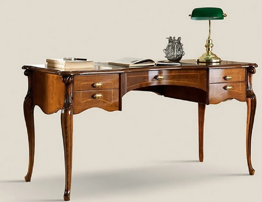 Casa Padrino Luxus Jugendstil Schreibtisch Braun / Gold / Grün - Mahagoni Bürotisch mit 5 Schubladen - Barock & Jugendstil Büromöbel - Made in Italy