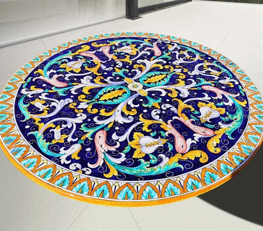 Casa Padrino Luxus Jugendstil Gartentisch Rankengirlande Blau Ø 150 cm - Runder Esstisch aus handbemaltem Lavastein - Gastronomie Möbel - Made in Italy