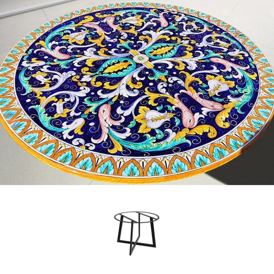 Casa Padrino Luxus Jugendstil Gartentisch Rankengirlande Blau Ø 150 cm - Runder Esstisch aus handbemaltem Lavastein - Gastronomie Möbel - Made in Italy