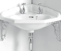 Casa Padrino Luxus Jugendstil Eckwaschbecken Weiß / Silber 63,5 x 49,5 x H. 23 cm - Porzellan 2-Loch Waschbecken mit Wandhalterung - Badezimmer Möbel