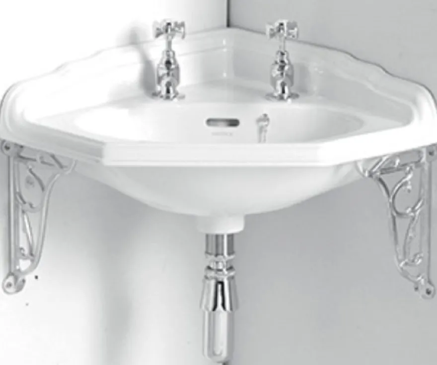 Casa Padrino Luxus Jugendstil Eckwaschbecken Weiß / Silber 63,5 x 49,5 x H. 23 cm - Porzellan 2-Loch Waschbecken mit Wandhalterung - Badezimmer Möbel