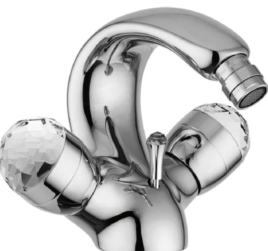Casa Padrino Luxus Jugendstil Wasserhahn mit Swarovski Kristallglas Silber H. 15,5 cm - Retro Waschtisch Armatur - Einlochbatterie - Erstklassische Qualität - Made in Italy