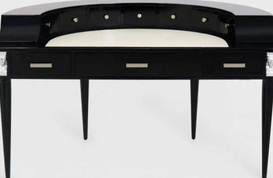 Casa Padrino Luxus Jugendstil Mahagoni Schreibtisch mit 10 Schubladen Schwarz / Silber / Grau / Weiß 144 x 79 x H. 91 cm - Halbrunder Bürotisch - Büromöbel - Luxus Qualität