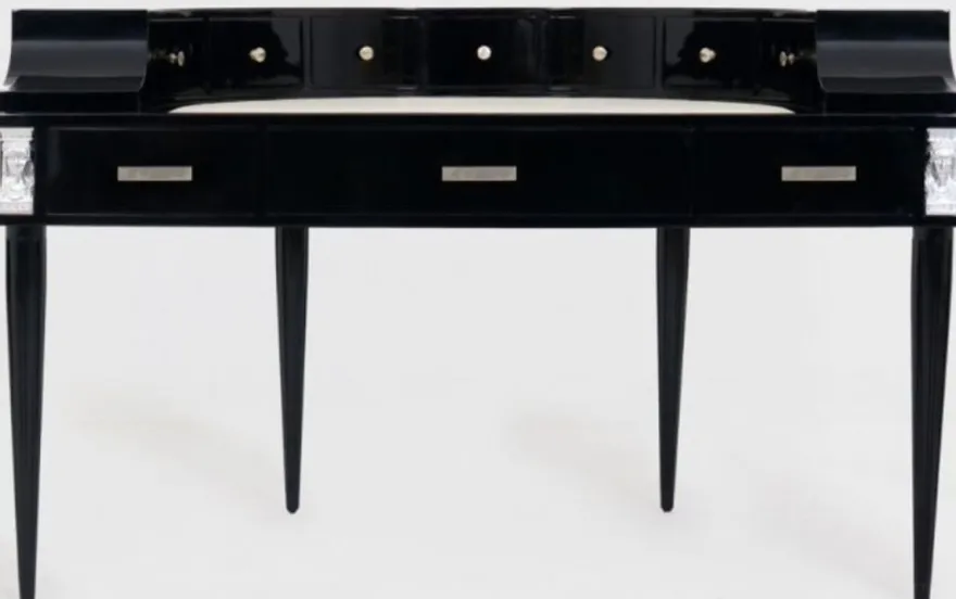 Casa Padrino Luxus Jugendstil Mahagoni Schreibtisch mit 10 Schubladen Schwarz / Silber / Grau / Weiß 144 x 79 x H. 91 cm - Halbrunder Bürotisch - Büromöbel - Luxus Qualität