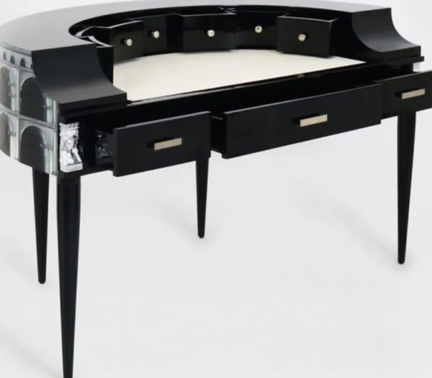 Casa Padrino Luxus Jugendstil Mahagoni Schreibtisch mit 10 Schubladen Schwarz / Silber / Grau / Weiß 144 x 79 x H. 91 cm - Halbrunder Bürotisch - Büromöbel - Luxus Qualität