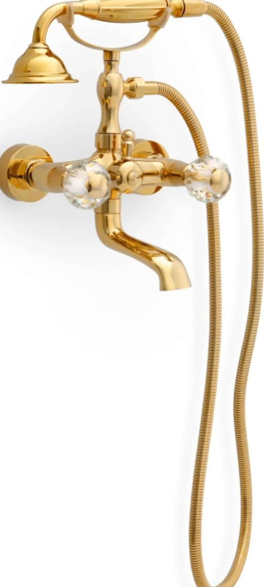 Casa Padrino Luxus Jugendstil Wannenbatterie mit Schlauch und Handbrause Gold - Badewannen Armatur mit Kristallglas - Nostalgisches Bad Zubehör