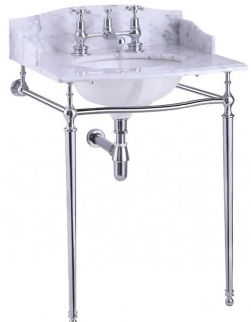 Casa Padrino Luxus Jugendstil Stand Waschtisch Weiß / Chrom mit Marmorplatte B 65cm mit Spritzschutz hinten und seitlich - Art Deco Waschbecken Barock Antik Stil