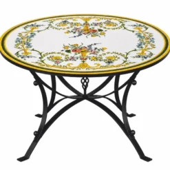 Casa Padrino Luxus Jugendstil Esstisch Weiß / Gelb / Bunt / Schwarz Ø 140 cm - Runder Gartentisch - Gastronomie & Garten Möbel - Made in Italy
