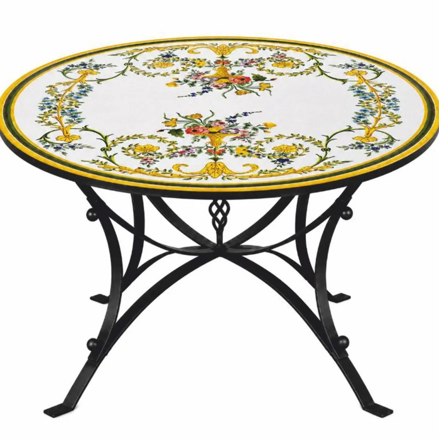 Casa Padrino Luxus Jugendstil Esstisch Weiß / Gelb / Bunt / Schwarz Ø 140 cm - Runder Gartentisch - Gastronomie & Garten Möbel - Made in Italy