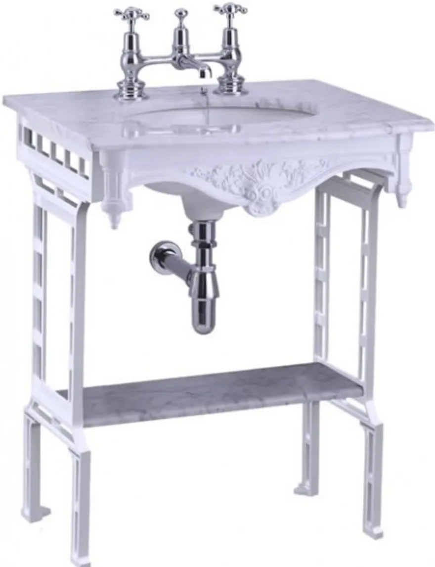 Casa Padrino Luxus Jugendstil Stand Waschtisch Weiß mit Marmorplatte, Waschbecken aus Porzellan und Ständer aus gebürstetem Aluminium, 805 x 650 x 575 mm