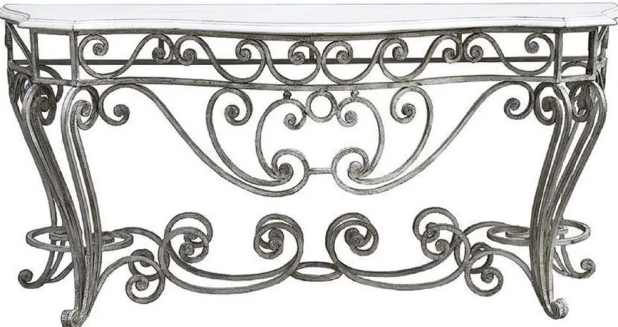 Casa Padrino Luxus Jugendstil Konsole Silber / Weiß 187 x 55 x H. 88 cm - Handgefertigter Schmiedeeisen Konsolentisch mit Massivholz Tischplatte - Wohnzimmer Garten Terrassen Möbel