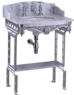 Casa Padrino Luxus Jugendstil Stand Waschtisch Weiß / Aluminium mit Marmorplatte mit Spritzschutz hinten, seitlich und Ablage Barock Waschbecken Barockstil Antik Stil