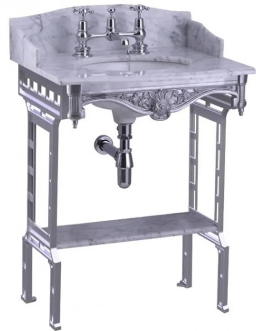 Casa Padrino Luxus Jugendstil Stand Waschtisch Weiß / Aluminium mit Marmorplatte mit Spritzschutz hinten, seitlich und Ablage Barock Waschbecken Barockstil Antik Stil