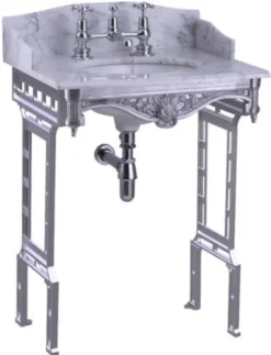 Casa Padrino Luxus Jugendstil Stand Waschtisch Weiß / Aluminium mit Marmorplatte mit Spritzschutz hinten, seitlich und Ablage Barock Waschbecken Barockstil Antik Stil