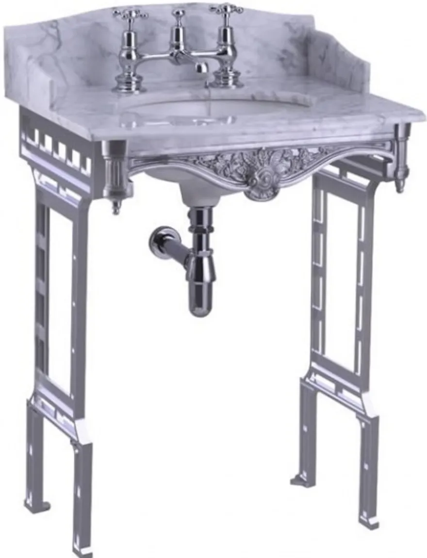 Casa Padrino Luxus Jugendstil Stand Waschtisch Weiß / Aluminium mit Marmorplatte mit Spritzschutz hinten, seitlich und Ablage Barock Waschbecken Barockstil Antik Stil